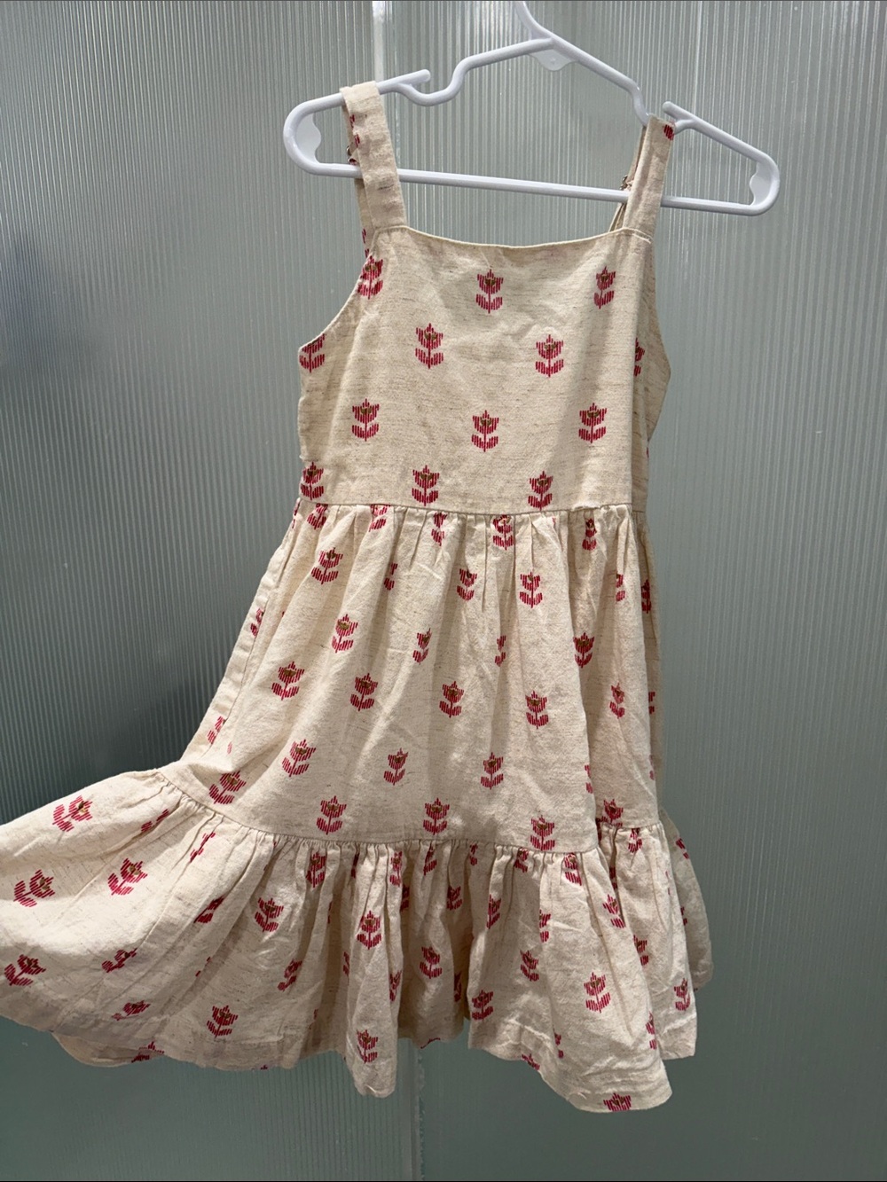 Girls Beige Floral Tiered Sundress - Red Print
